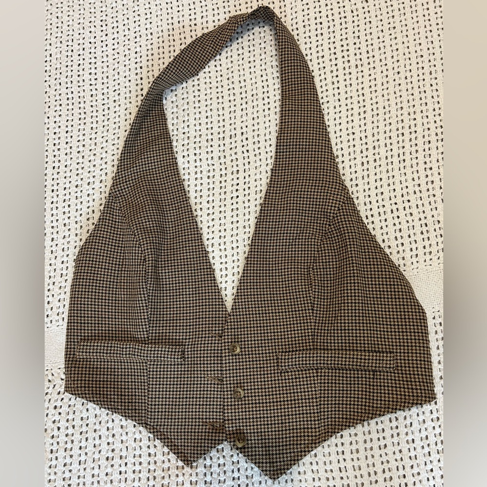 Button-Front Waistcoat Vest in Brown and Beige Plaid Size M - Picture 3 of 5